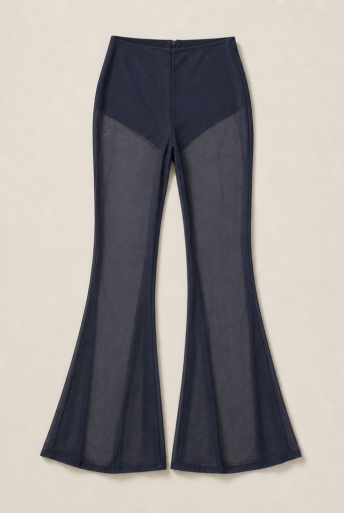 Mingstreet ASC launch still-life | RARELY ALIKE | Semi Sheer Mesh Flared Pants | Blue | generated_missing_still_life_expansion
