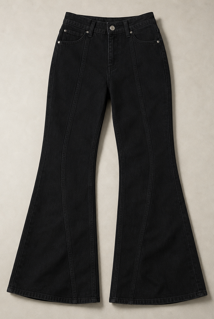 Mingstreet ASC launch still-life | RARELY ALIKE | Curved Seam Denim Flare Jeans | Black | generated_missing_still_life_expansion
