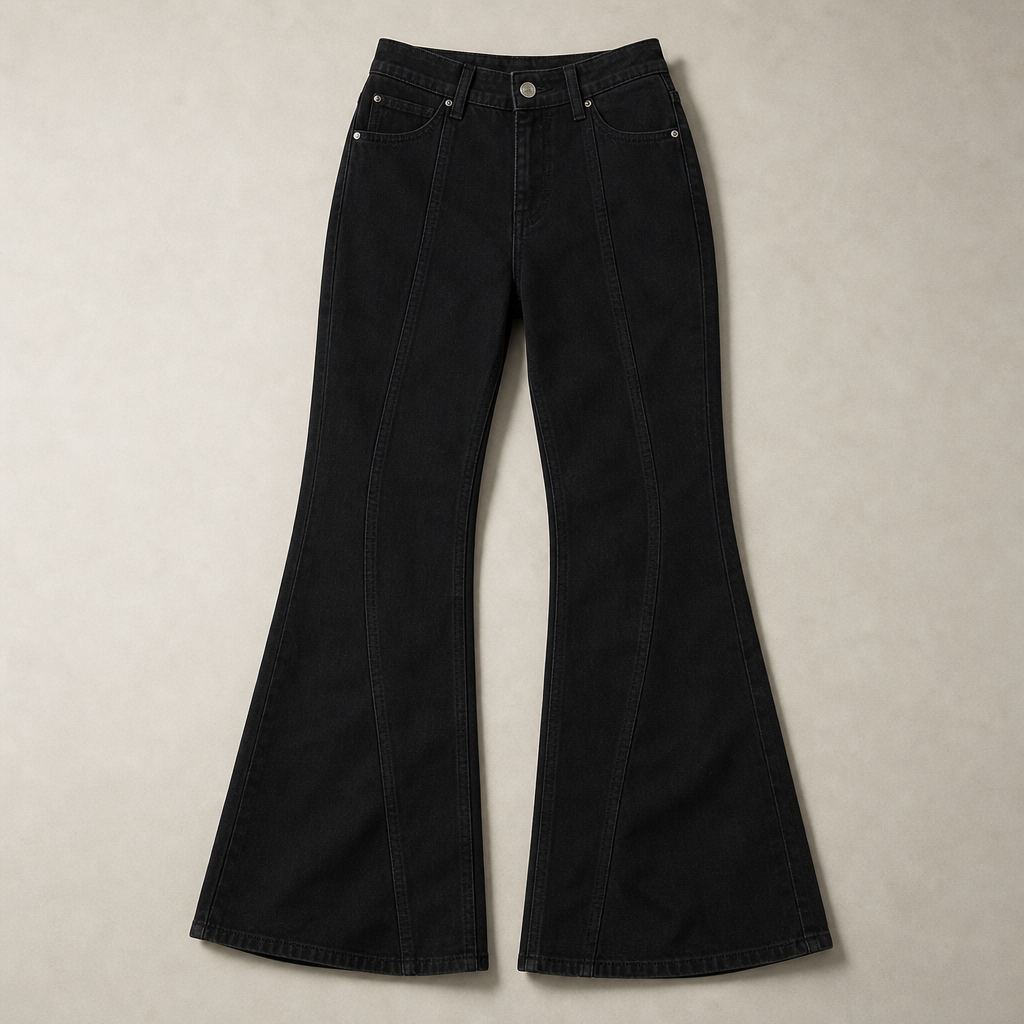 Mingstreet ASC launch still-life | RARELY ALIKE | Curved Seam Denim Flare Jeans | Black | generated_missing_still_life_expansion