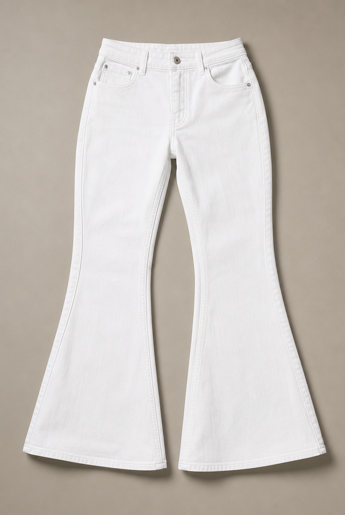 Mingstreet ASC launch still-life | RARELY ALIKE | Curved Seam Denim Flare Jeans | White | generated_missing_still_life_expansion