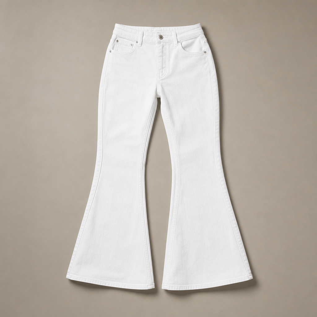 Mingstreet ASC launch still-life | RARELY ALIKE | Curved Seam Denim Flare Jeans | White | generated_missing_still_life_expansion