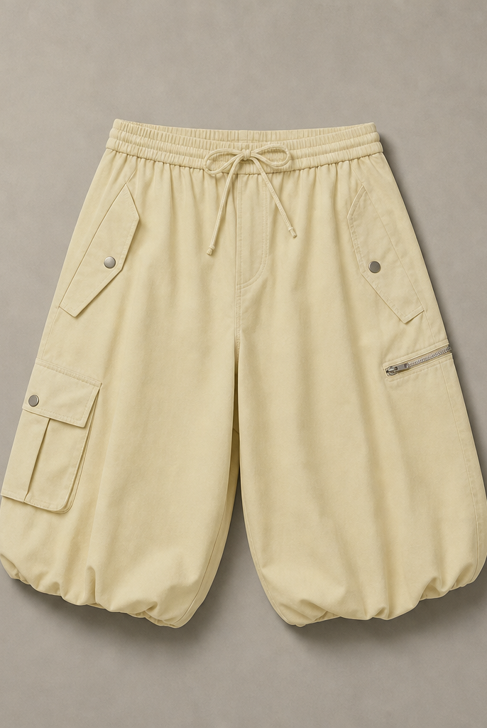 Mingstreet ASC launch still-life | RARELY ALIKE | Cropped Cotton Lantern Cargo Shorts | Beige | generated_missing_still_life_expansion