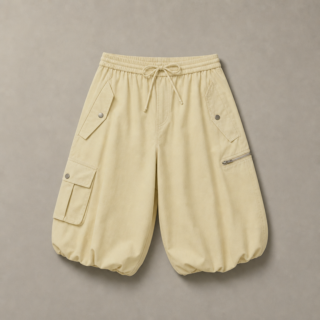 Mingstreet ASC launch still-life | RARELY ALIKE | Cropped Cotton Lantern Cargo Shorts | Beige | generated_missing_still_life_expansion
