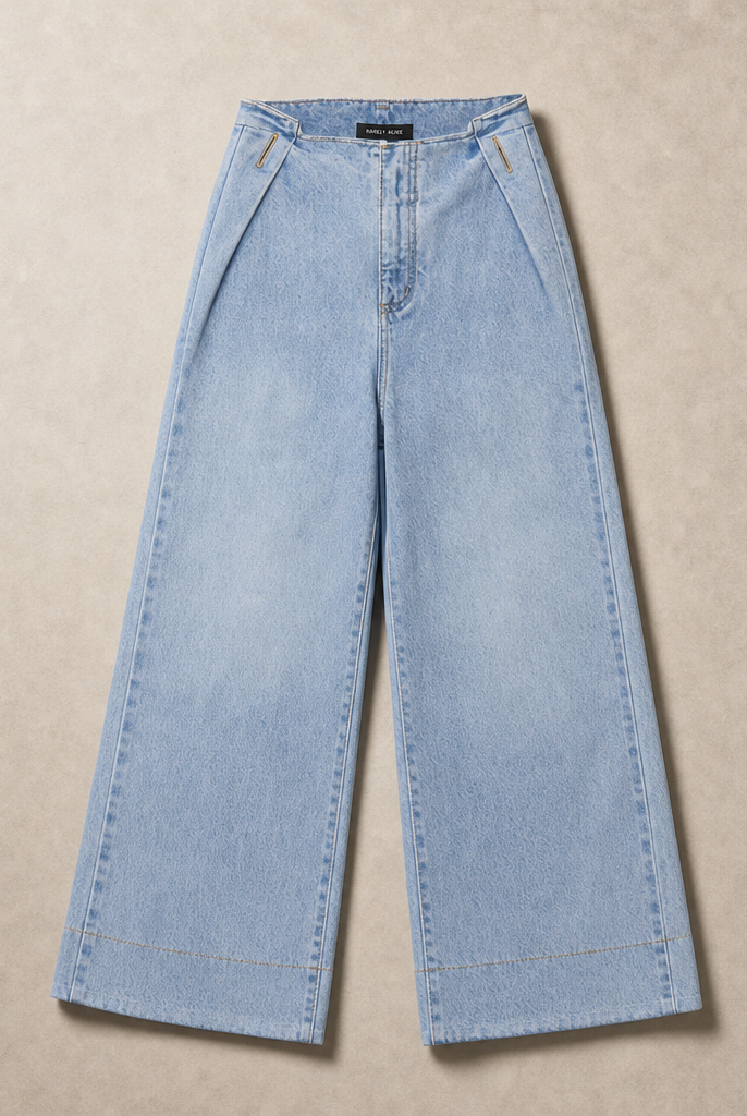 Mingstreet ASC launch still-life | RARELY ALIKE | Irregular Waist Wide Leg Jeans | Sky Blue | generated_missing_still_life_expansion