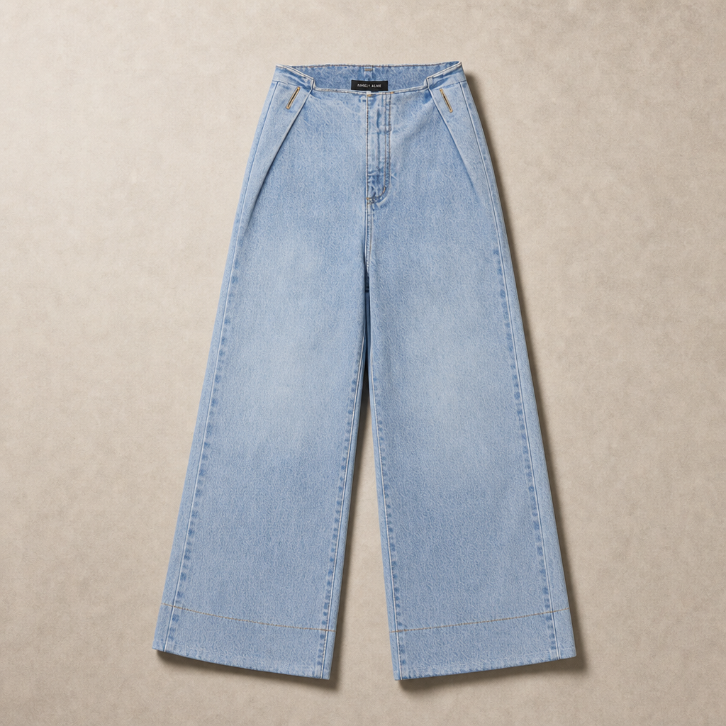 Mingstreet ASC launch still-life | RARELY ALIKE | Irregular Waist Wide Leg Jeans | Sky Blue | generated_missing_still_life_expansion