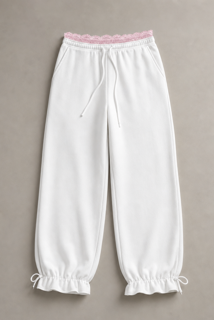 Mingstreet ASC launch still-life | RARELY ALIKE | Lace Waistband Adjustable Joggers | White | generated_missing_still_life_expansion