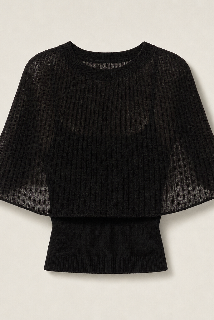 Mingstreet ASC launch still-life | RARELY ALIKE | Sheer Knit Cape Camisole Set | Black | generated_missing_still_life_expansion