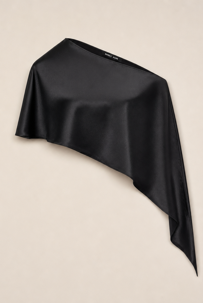 Mingstreet ASC launch still-life | RARELY ALIKE | Asymmetrical Satin One Shoulder Blouse | Black | generated_missing_still_life_expansion