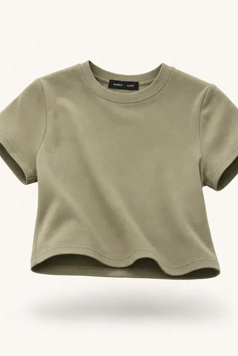 Mingstreet ASC launch still-life | RARELY ALIKE | Cropped Cotton Crew Neck T Shirt | Olive | ready_now_existing_asset