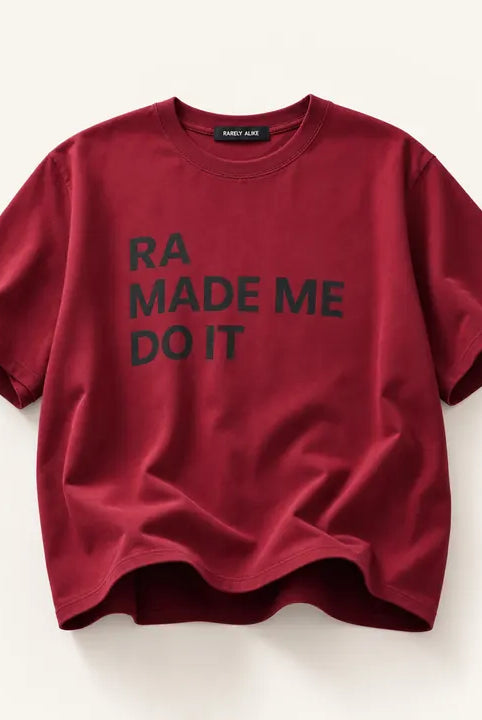 Mingstreet ASC launch still-life | RARELY ALIKE | Anniversary Slogan Cotton T Shirt | Burgundy | ready_now_existing_asset