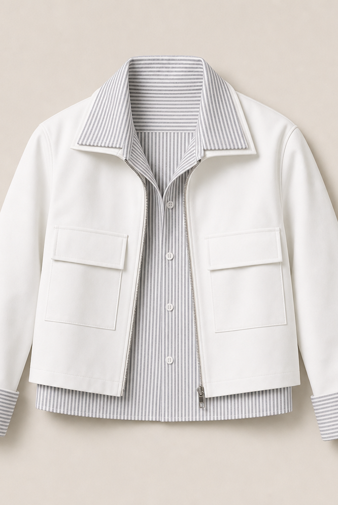 Mingstreet ASC launch still-life | RARELY ALIKE | Striped Mock Layer Cropped Jacket | White | ready_now_uncrumpled_replacement