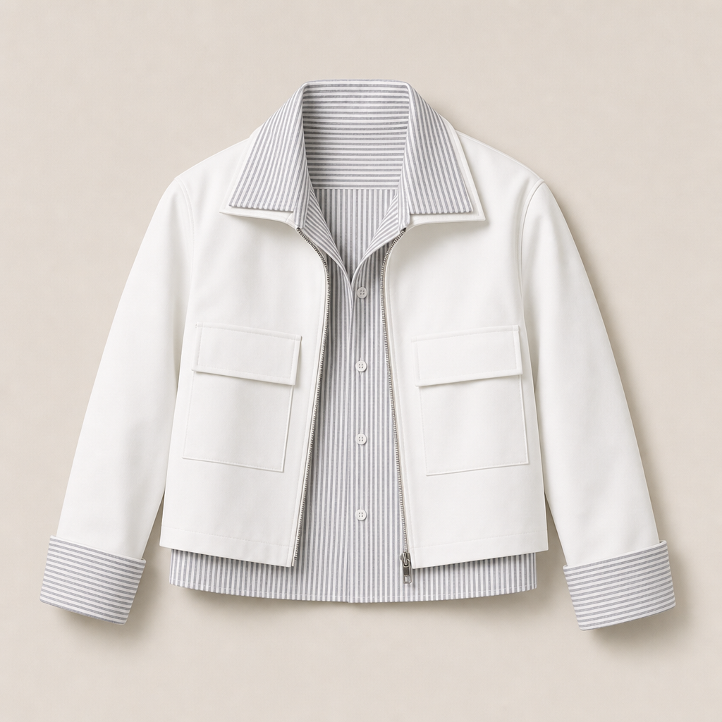 Mingstreet ASC launch still-life | RARELY ALIKE | Striped Mock Layer Cropped Jacket | White | ready_now_uncrumpled_replacement