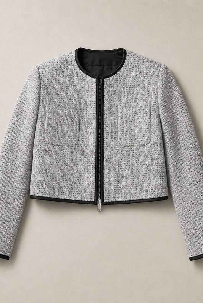 Mingstreet ASC launch still-life | RARELY ALIKE | Silver Sequin Tweed Cropped Jacket | Silver | ready_now_uncrumpled_replacement