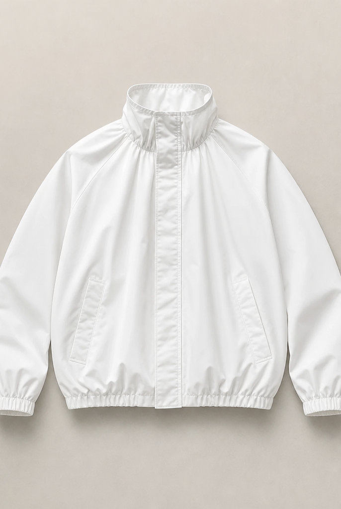 Mingstreet ASC launch still-life | RARELY ALIKE | Adjustable Collar Balloon Sports Jacket | White | ready_now_uncrumpled_replacement