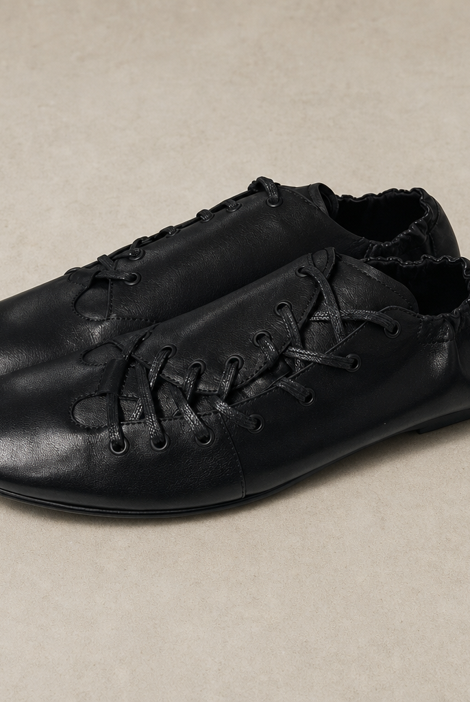 Mingstreet ASC launch still-life | JCAESAR STUDIO | Ruched Asymmetrical Leather Sneakers | Black | generated_missing_still_life_expansion