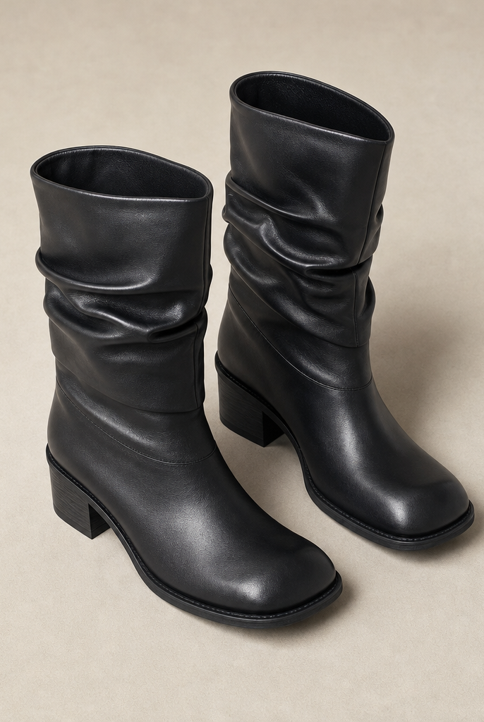 Mingstreet ASC launch still-life | JCAESAR STUDIO | Pleated Leather Fold Over Boots | Black | generated_missing_still_life_expansion