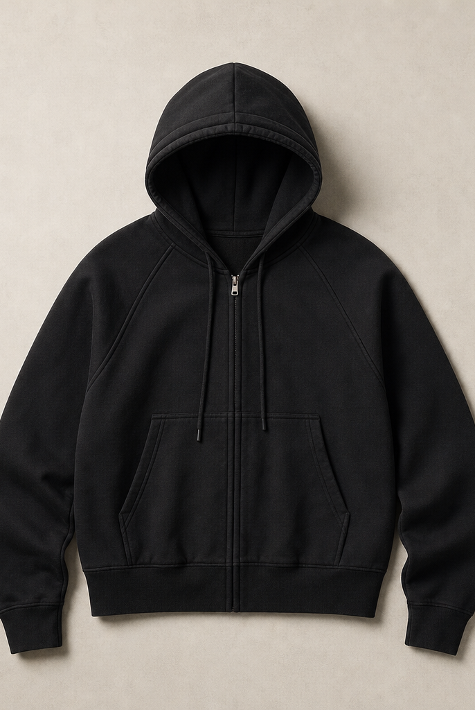 Mingstreet ASC launch still-life | JCAESAR STUDIO | Cotton Raglan Zip Up Hoodie | Black | generated_missing_still_life_expansion