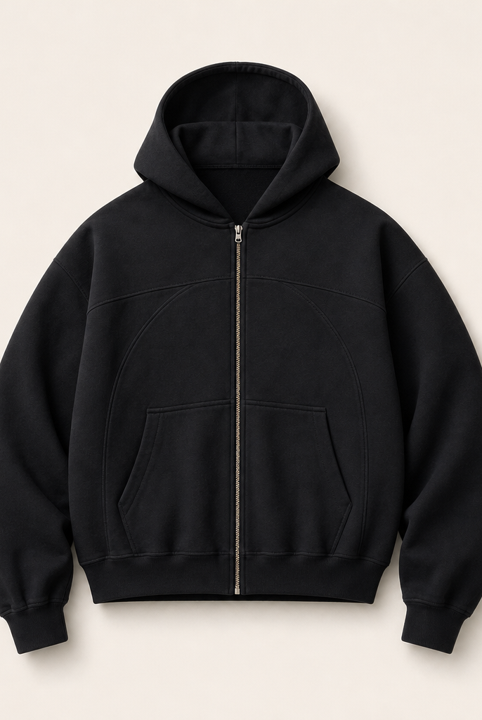 Mingstreet ASC launch still-life | JCAESAR STUDIO | Deconstructed Cotton Terry Zip Up Hoodie | Black | ready_now_uncrumpled_replacement