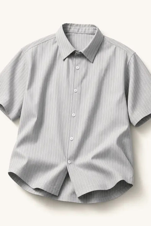 Mingstreet ASC launch still-life | JCAESAR STUDIO | Striped Short Sleeve Curved Hem Shirt | Gray | ready_now_existing_asset