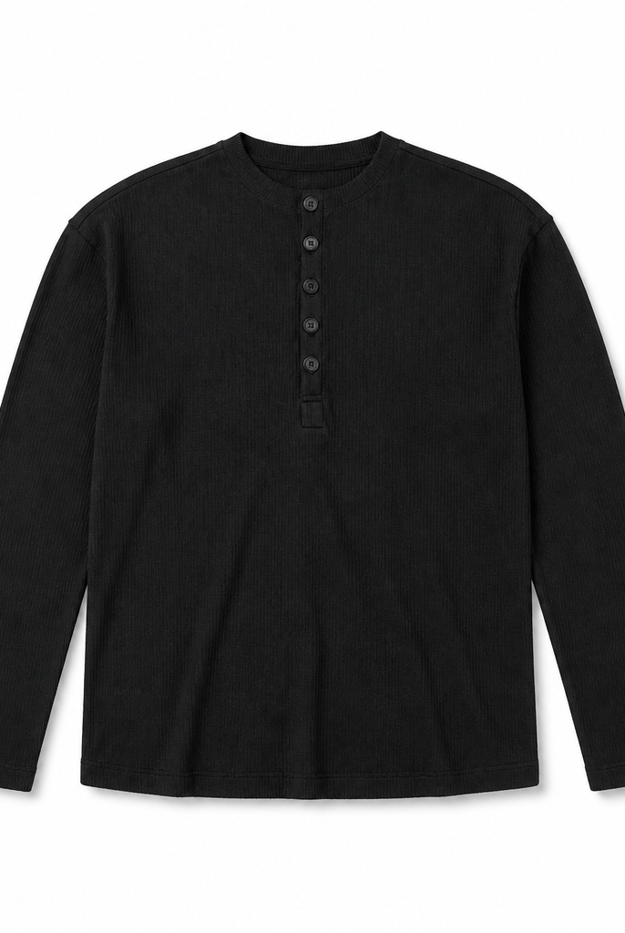 Mingstreet ASC launch still-life | JCAESAR STUDIO | Long Sleeve Rayon Blend Henley | Black | generated_extra_ready_product_colorway