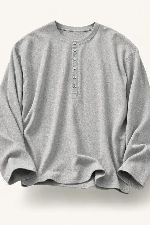 Mingstreet ASC launch still-life | JCAESAR STUDIO | Long Sleeve Rayon Blend Henley | Light Gray | ready_now_existing_asset