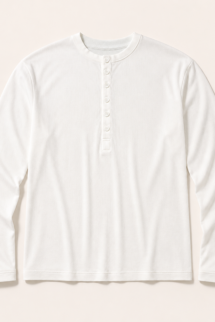 Mingstreet ASC launch still-life | JCAESAR STUDIO | Long Sleeve Rayon Blend Henley | White | generated_extra_ready_product_colorway