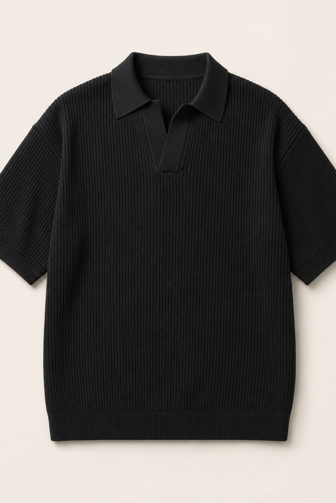 Mingstreet ASC launch still-life | JCAESAR STUDIO | Ribbed Ice Silk Knit Polo | Black | ready_now_uncrumpled_replacement