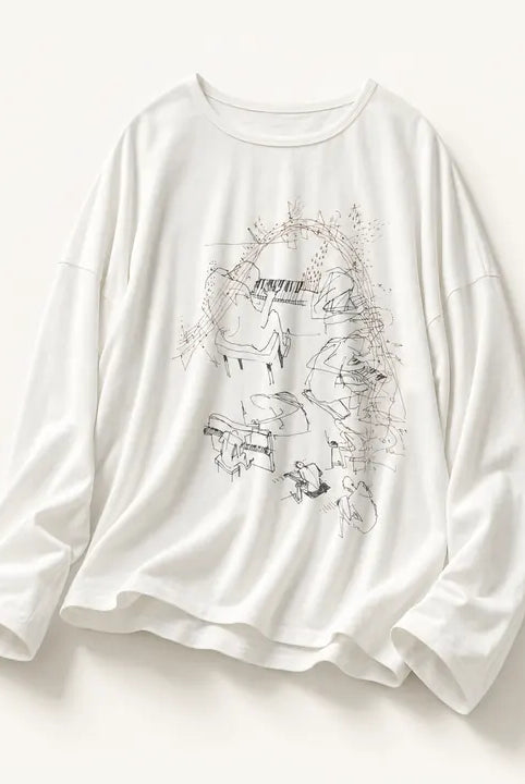Mingstreet ASC launch still-life | JCAESAR STUDIO | Piano Print Tencel Wool Long Sleeve Top | White | ready_now_existing_asset