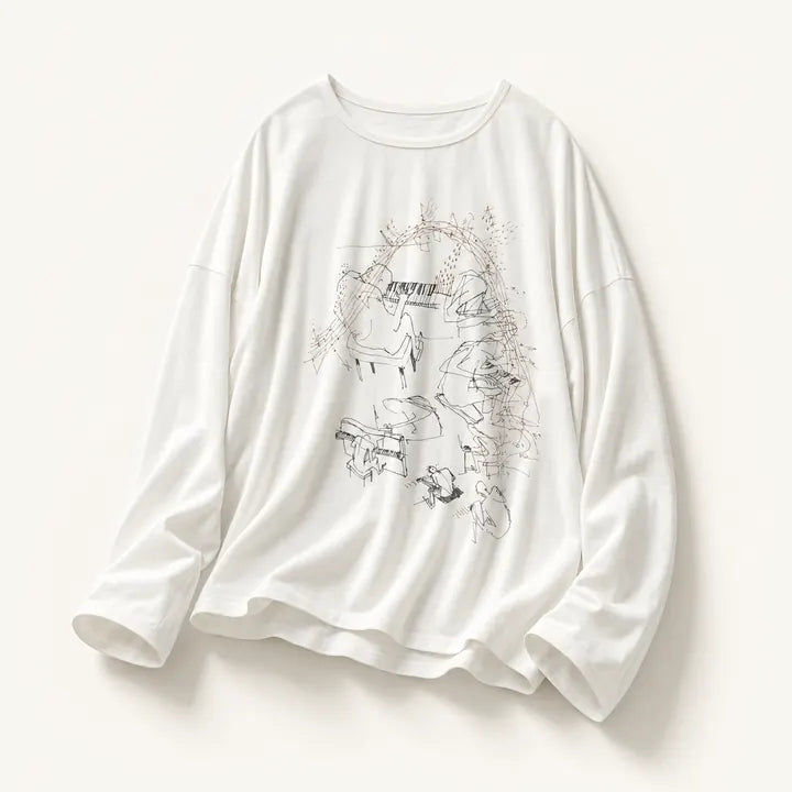 Mingstreet ASC launch still-life | JCAESAR STUDIO | Piano Print Tencel Wool Long Sleeve Top | White | ready_now_existing_asset