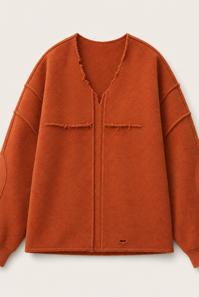 Mingstreet ASC launch still-life | D5ove | Distressed V Neck Fleece Sweatshirt | Orange | ready_now_uncrumpled_replacement