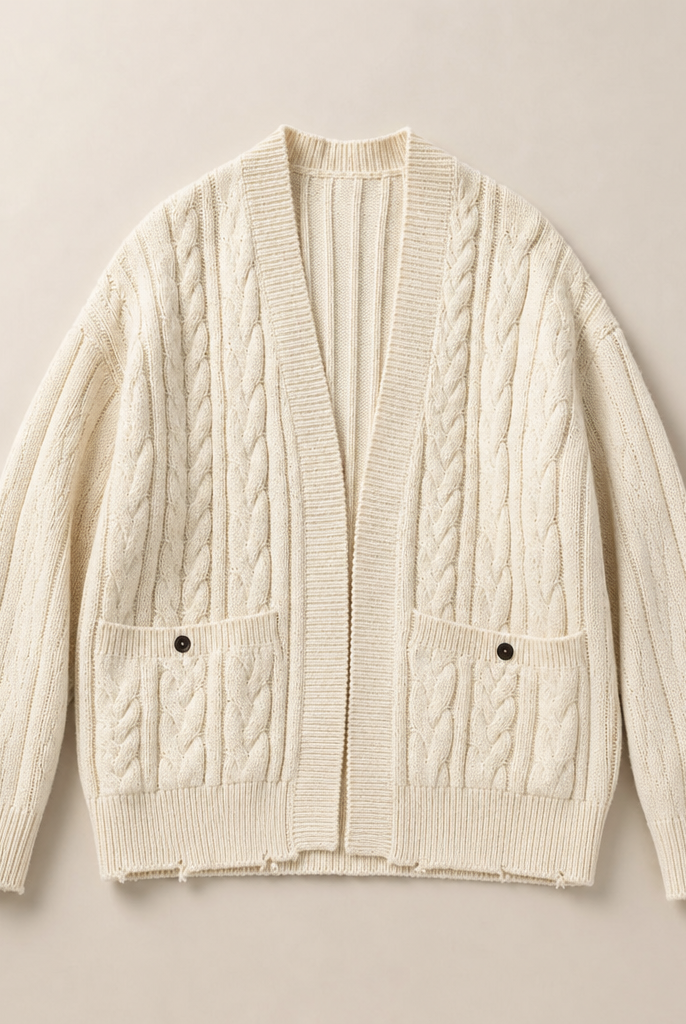 Mingstreet ASC launch still-life | D5ove | Distressed Cable Knit Noragi Cardigan | Cream | ready_now_uncrumpled_replacement