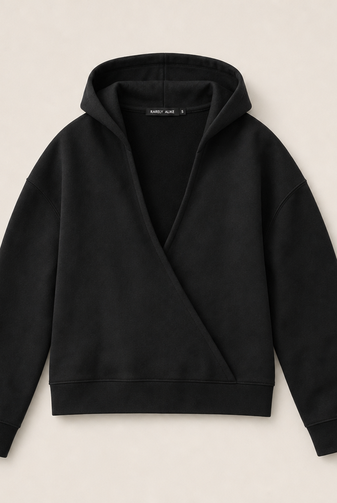 Mingstreet ASC launch still-life | RARELY ALIKE | Cotton V Neck Wrap Hoodie | Black | ready_now_uncrumpled_replacement
