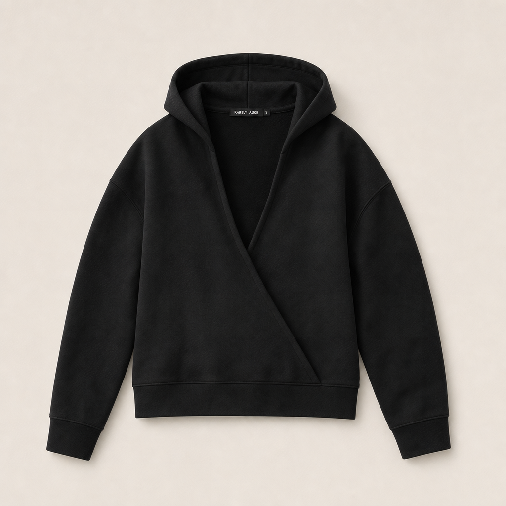 Mingstreet ASC launch still-life | RARELY ALIKE | Cotton V Neck Wrap Hoodie | Black | ready_now_uncrumpled_replacement