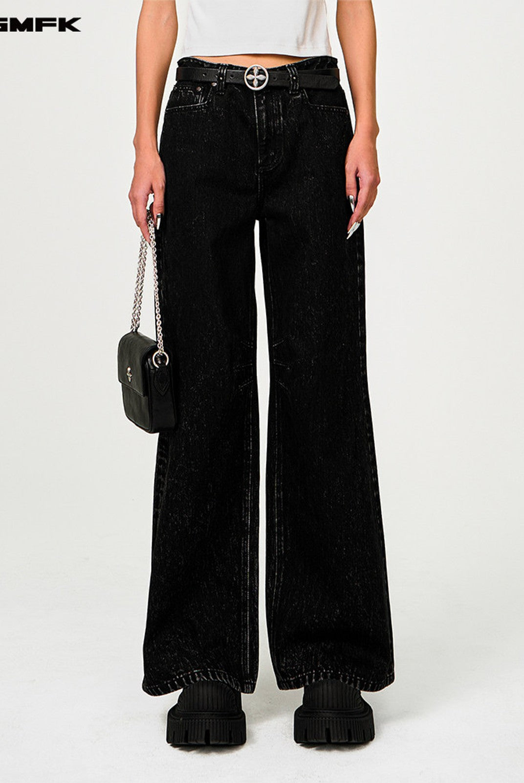 SMFK All Over Print Wide Leg Jeans in Denim - On Female Model