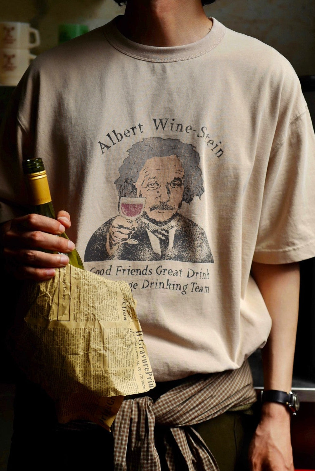 USAGE Vintage Wash Einstein Graphic T Shirt in Beige - On Male Model