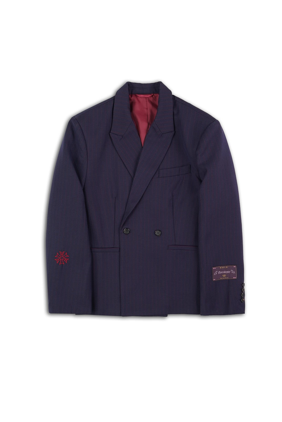 SOD Striped Double Breasted Wool Blend Blazer in Navy Blue