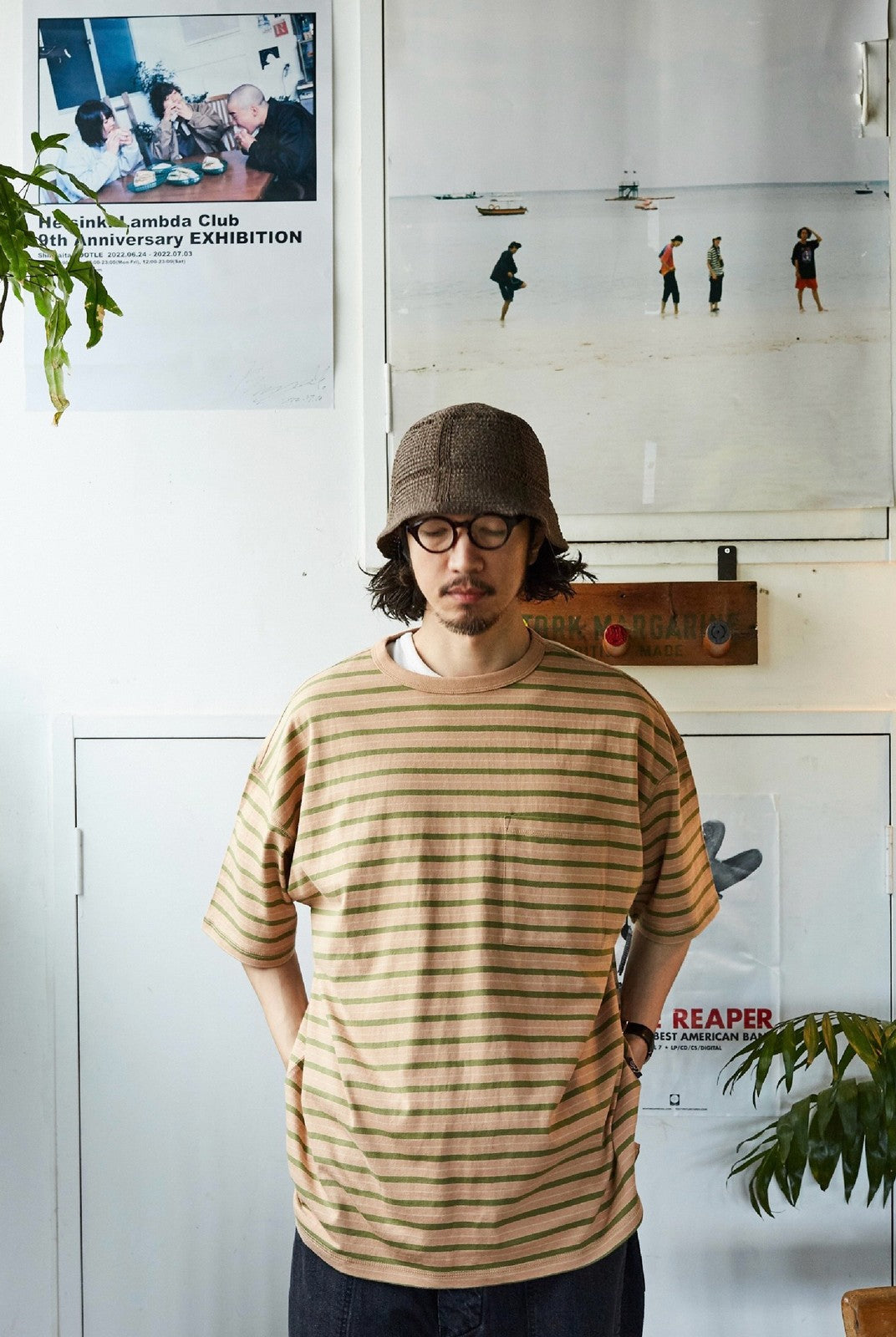 USAGE Retro Striped Cotton T Shirt in Pink - On Male Model