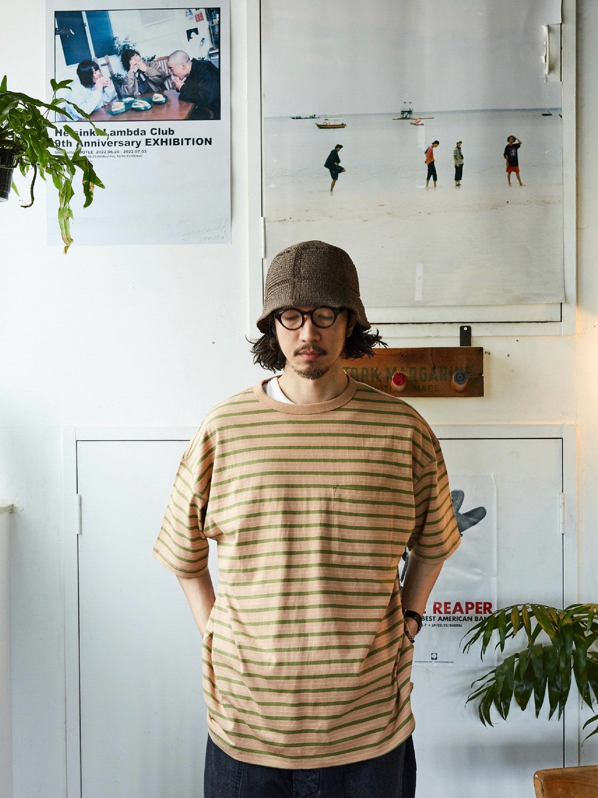 USAGE Retro Striped Cotton T Shirt in Pink - On Male Model