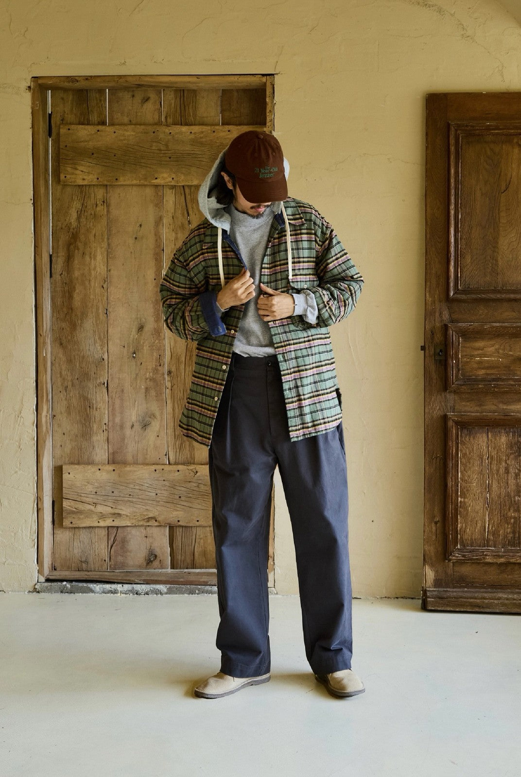 USAGE Detachable Hood Cotton Plaid Shirt in Green - On Male Model