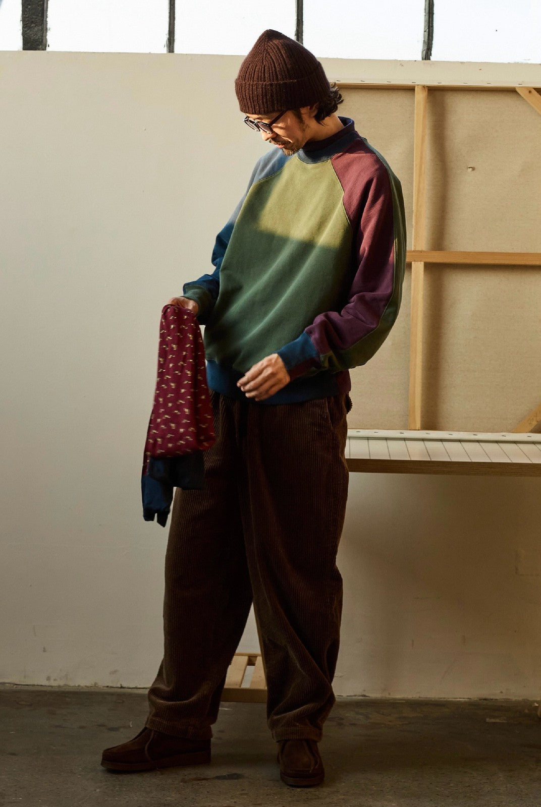 USAGE Colorblock Raglan Cotton Sweatshirt in Green - On Male Model