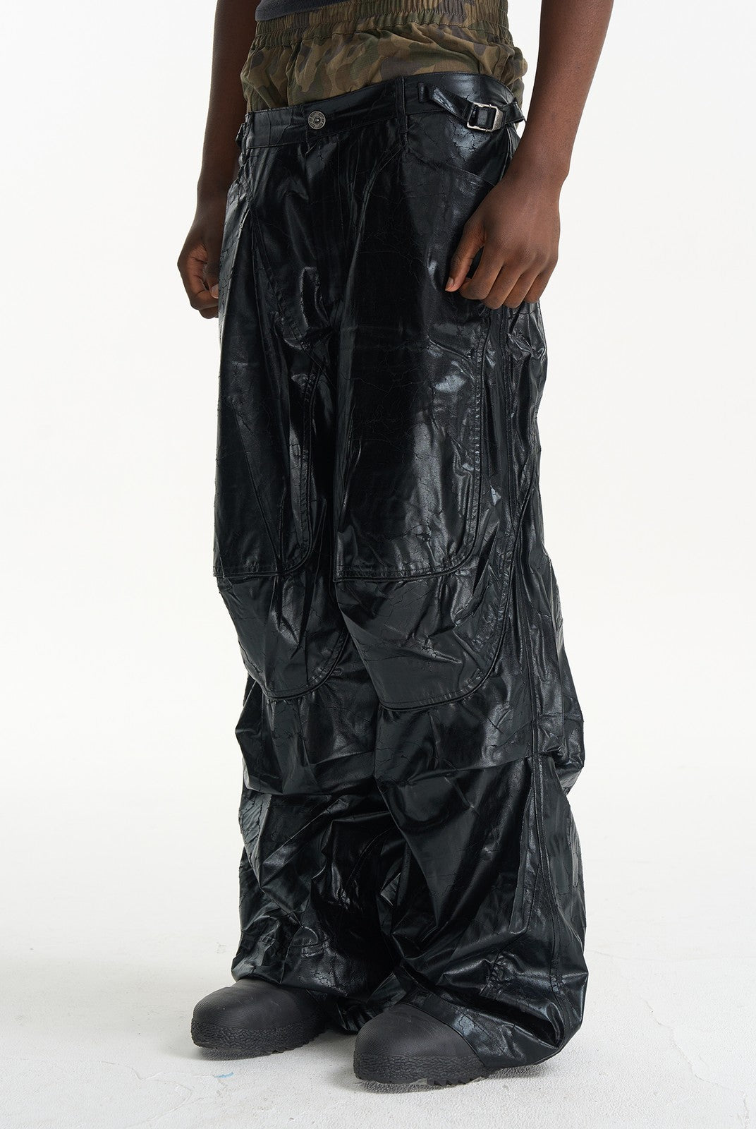 BLINDNOPLAN Faux Leather Layered Cargo Pants in Black - On Model