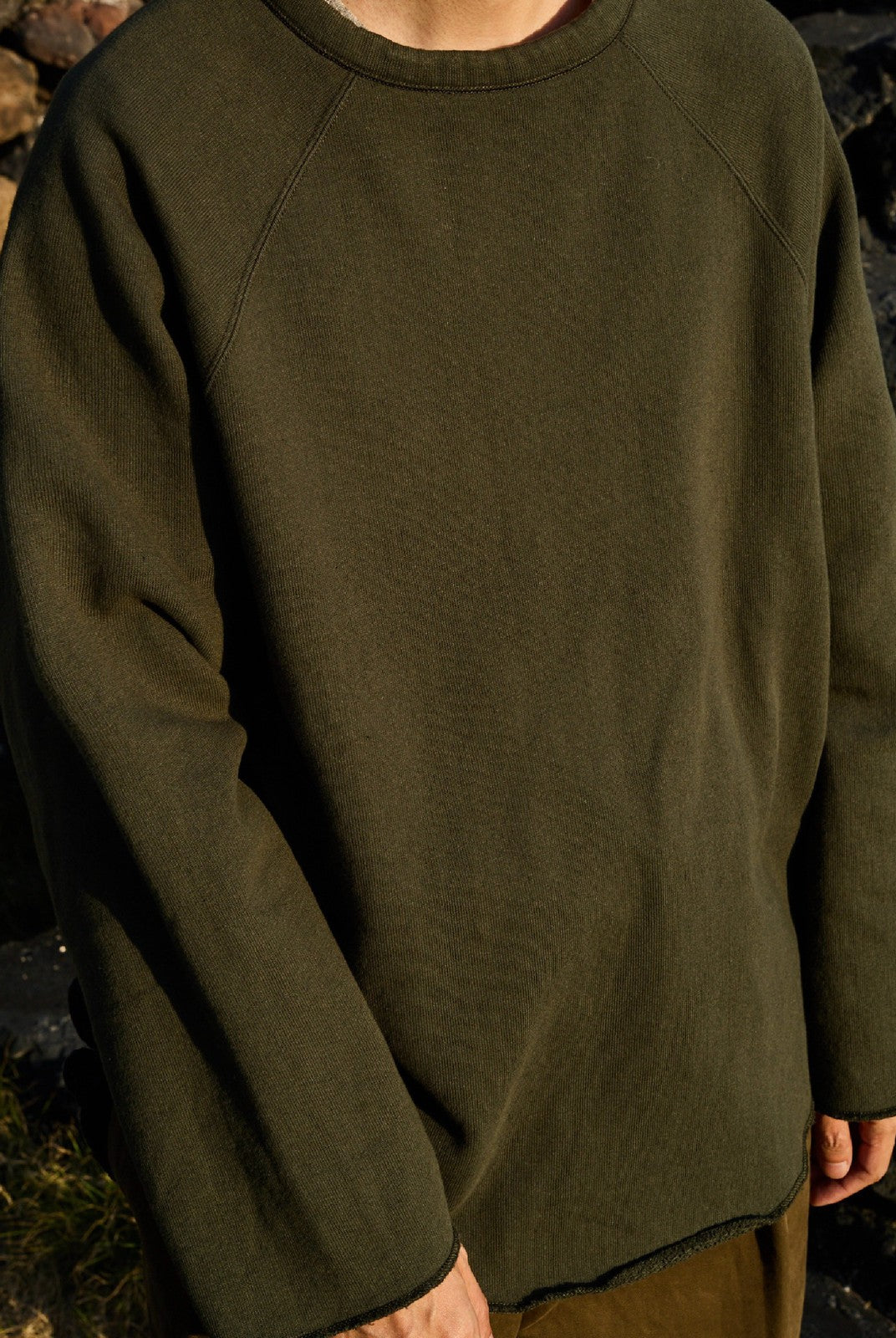 USAGE Slub Cotton Raglan Sweatshirt in Green - On Model