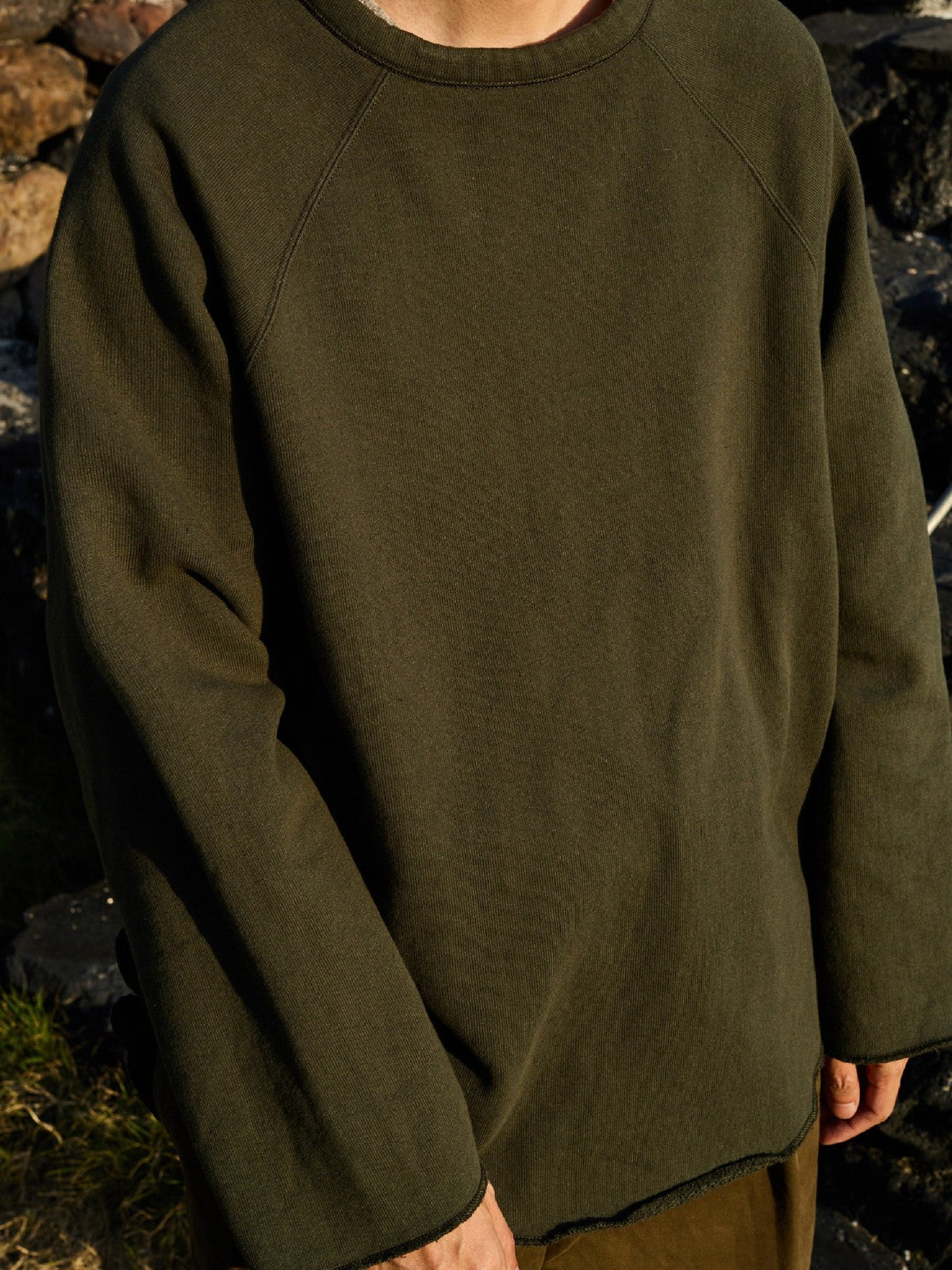 USAGE Slub Cotton Raglan Sweatshirt in Green - On Model