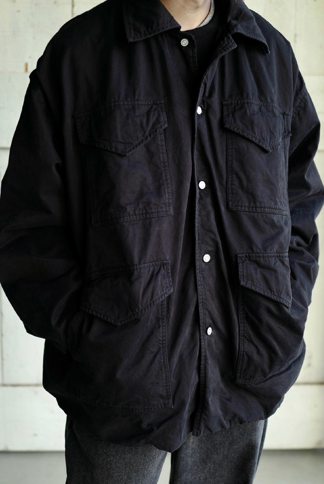 USAGE Washed Cotton Twill M65 Jacket in Black - On Male Model