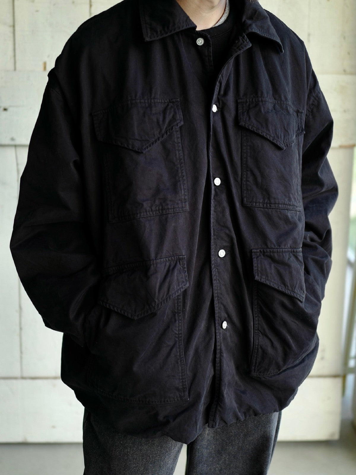 USAGE Washed Cotton Twill M65 Jacket in Black - On Male Model