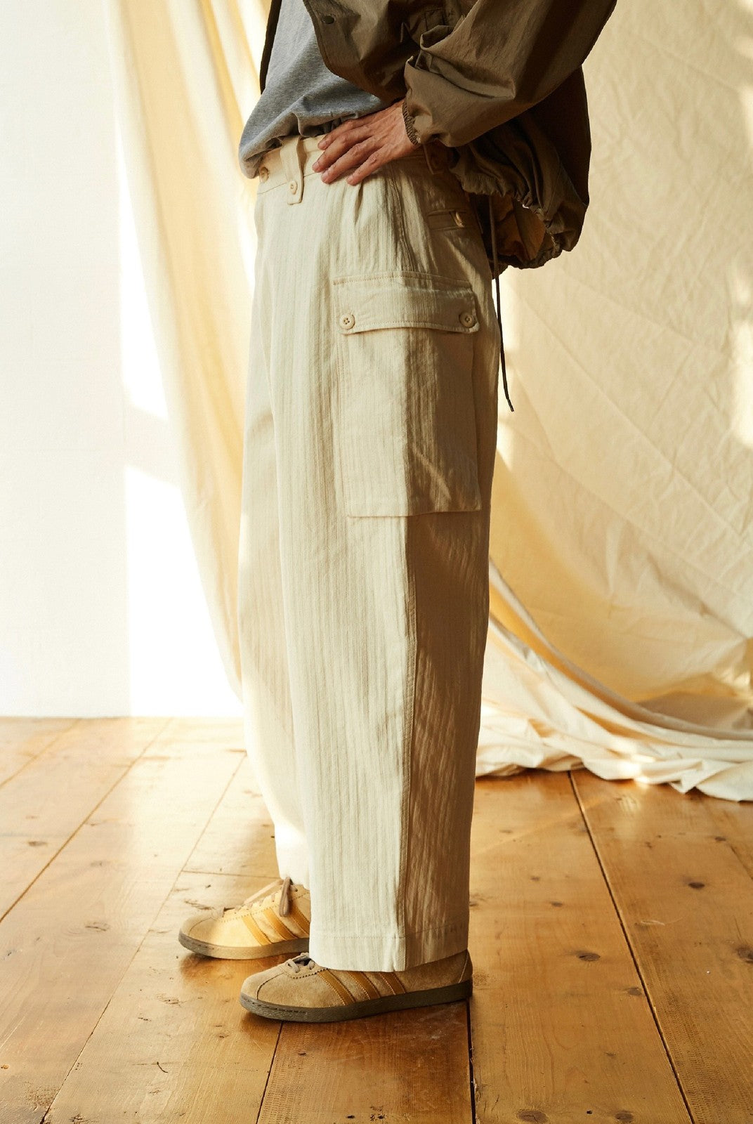 USAGE Heavyweight Herringbone Cargo Pants in White - On Model