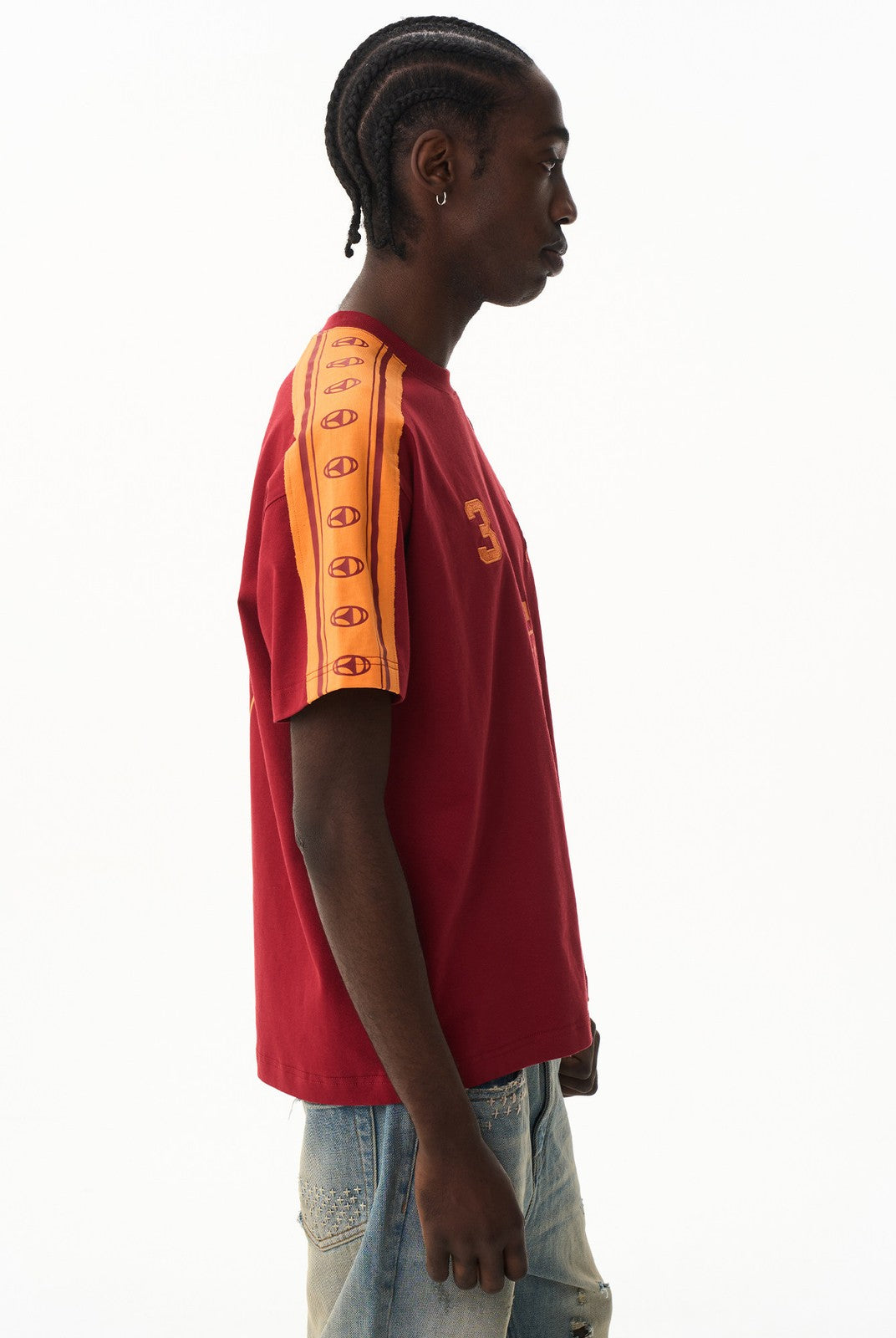 BLINDNOPLAN Retro Color Block Graphic T Shirt in Red - On Male Model