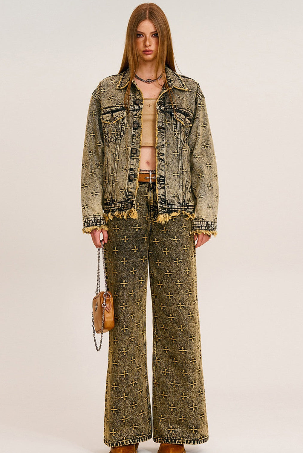 SMFK All Over Print Wide Leg Jeans in Brown - On Female Model