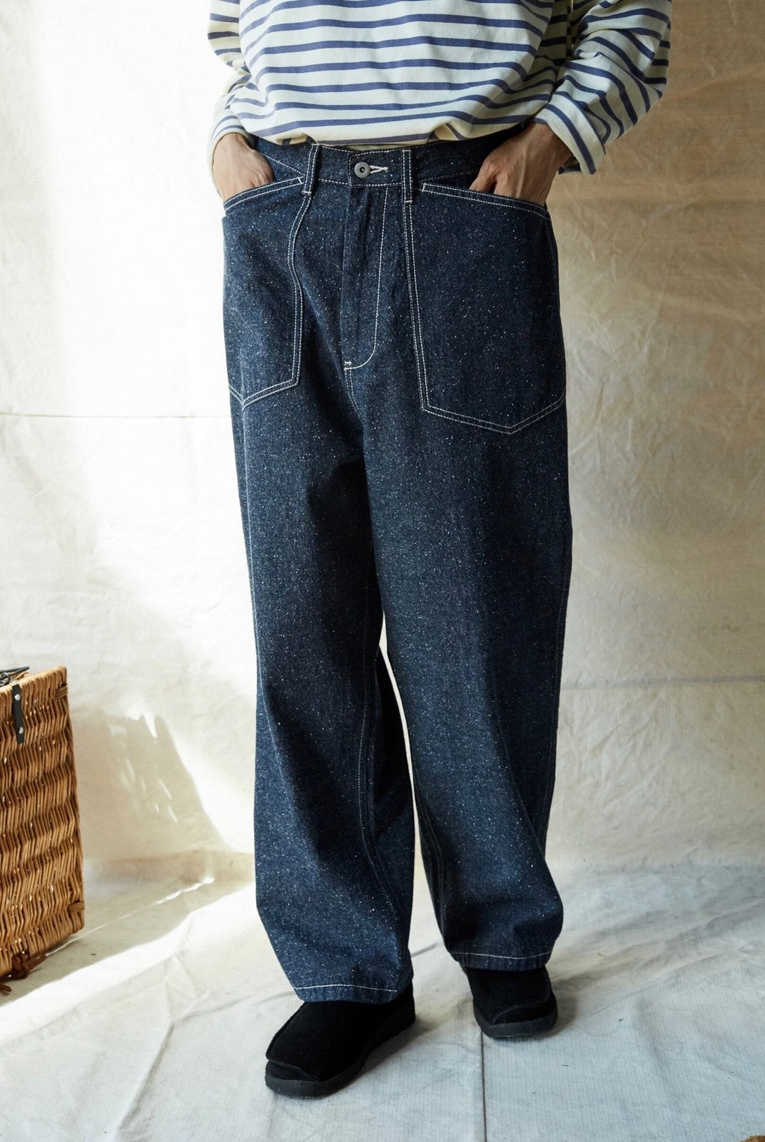 USAGE Vintage Neppy Cotton Straight Leg Jeans in Navy Blue - On Model
