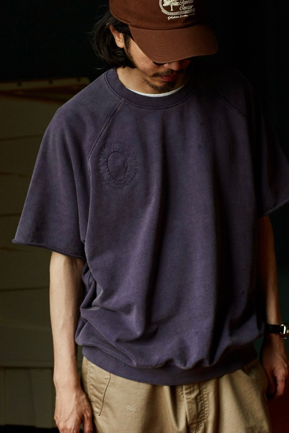 USAGE Vintage Wash Distressed Short Sleeve Sweatshirt in Purple - On Male Model